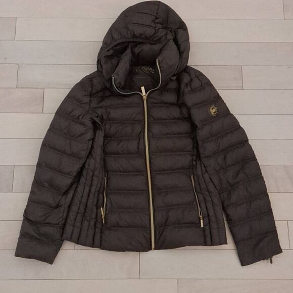 Michael Kors Women's Packable Down Fill Hoodie Puffer Jacket Brown Medium - Picture 1 of 9